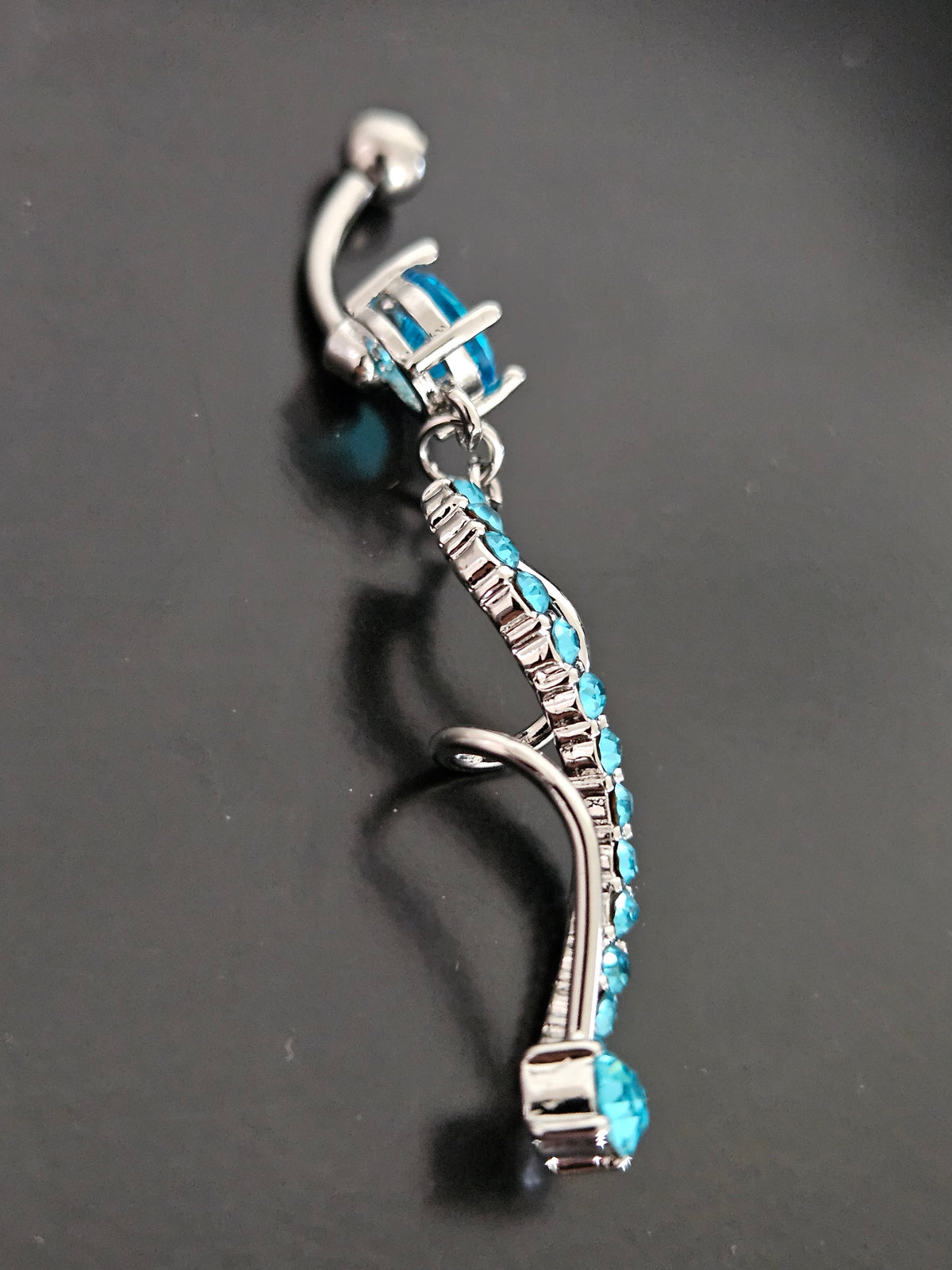 Surgical Steel Double-Curl Reverse Belly Button Ring with Aqua CZ Crystals-3
