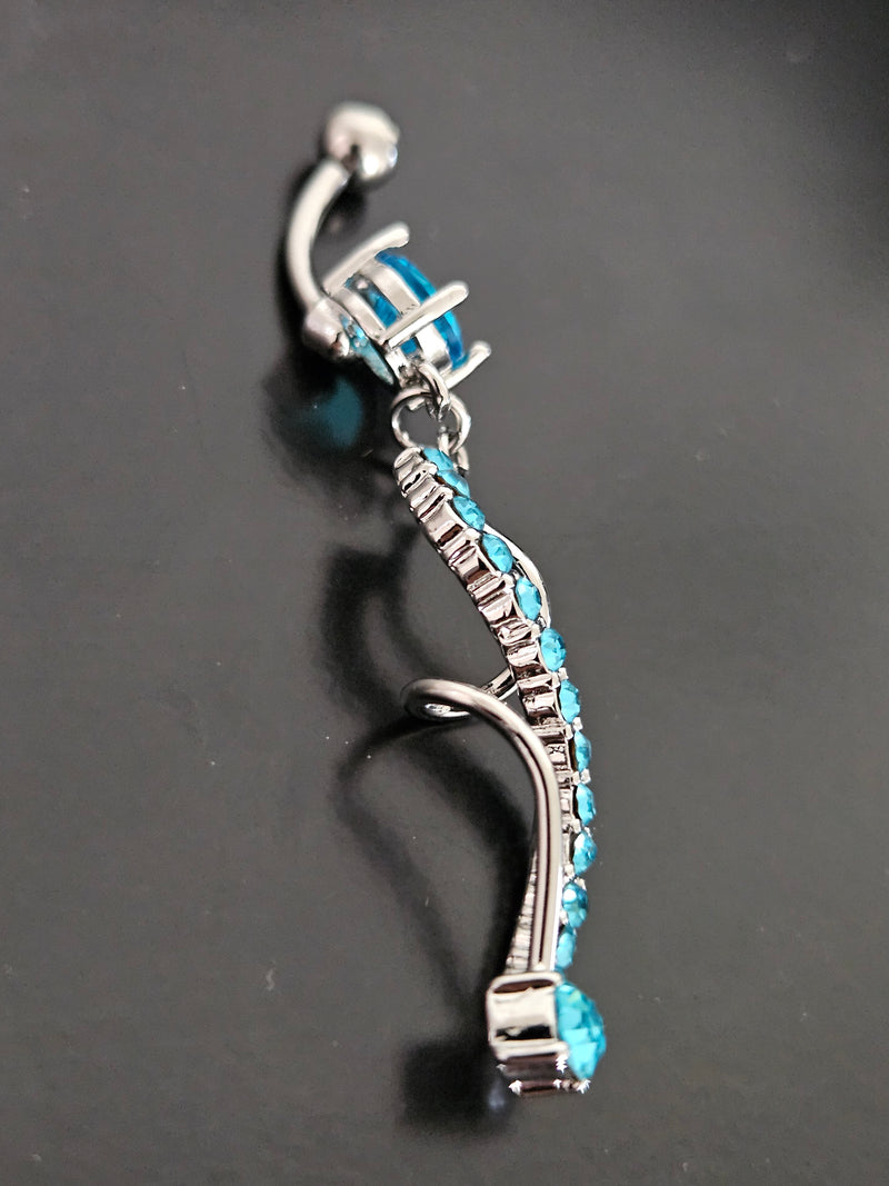 Surgical Steel Double-Curl Reverse Belly Button Ring with Aqua CZ Crystals-3