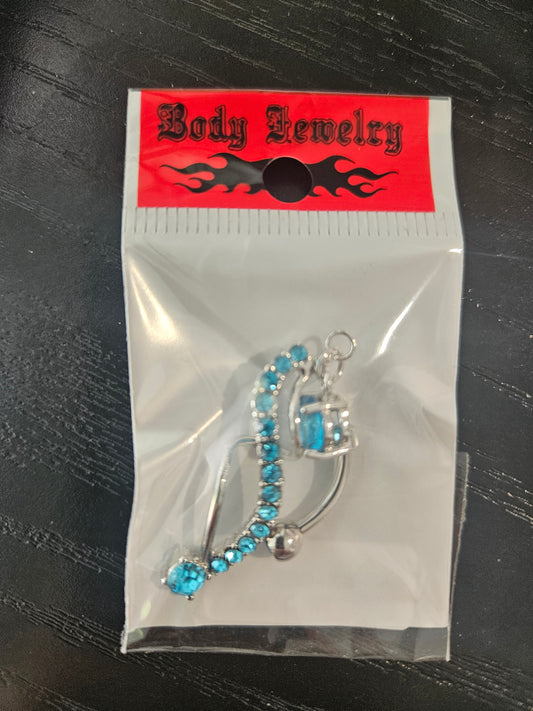 Surgical Steel Double-Curl Reverse Belly Button Ring with Aqua CZ Crystals