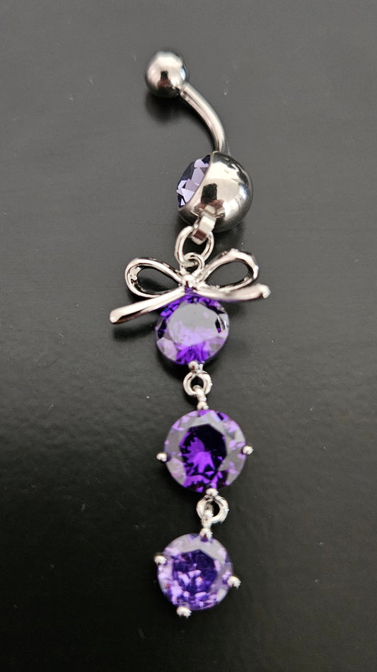 Surgical Steel Bow Dangle Belly Button Ring with Purple CZ Crystals