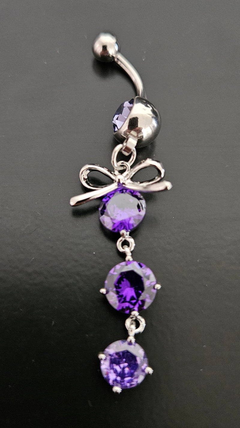 Surgical Steel Bow Dangle Belly Button Ring with Purple CZ Crystals-1