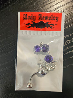 Surgical Steel Bow Dangle Belly Button Ring with Purple CZ Crystals-2