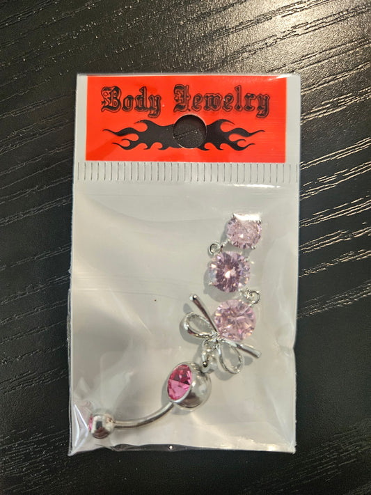 Surgical Steel Bow Dangle Belly Button Ring with Pink CZ Crystals