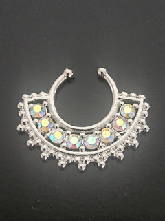 Silver-Tone Aurora Borealis Fan Fake Septum Ring-1