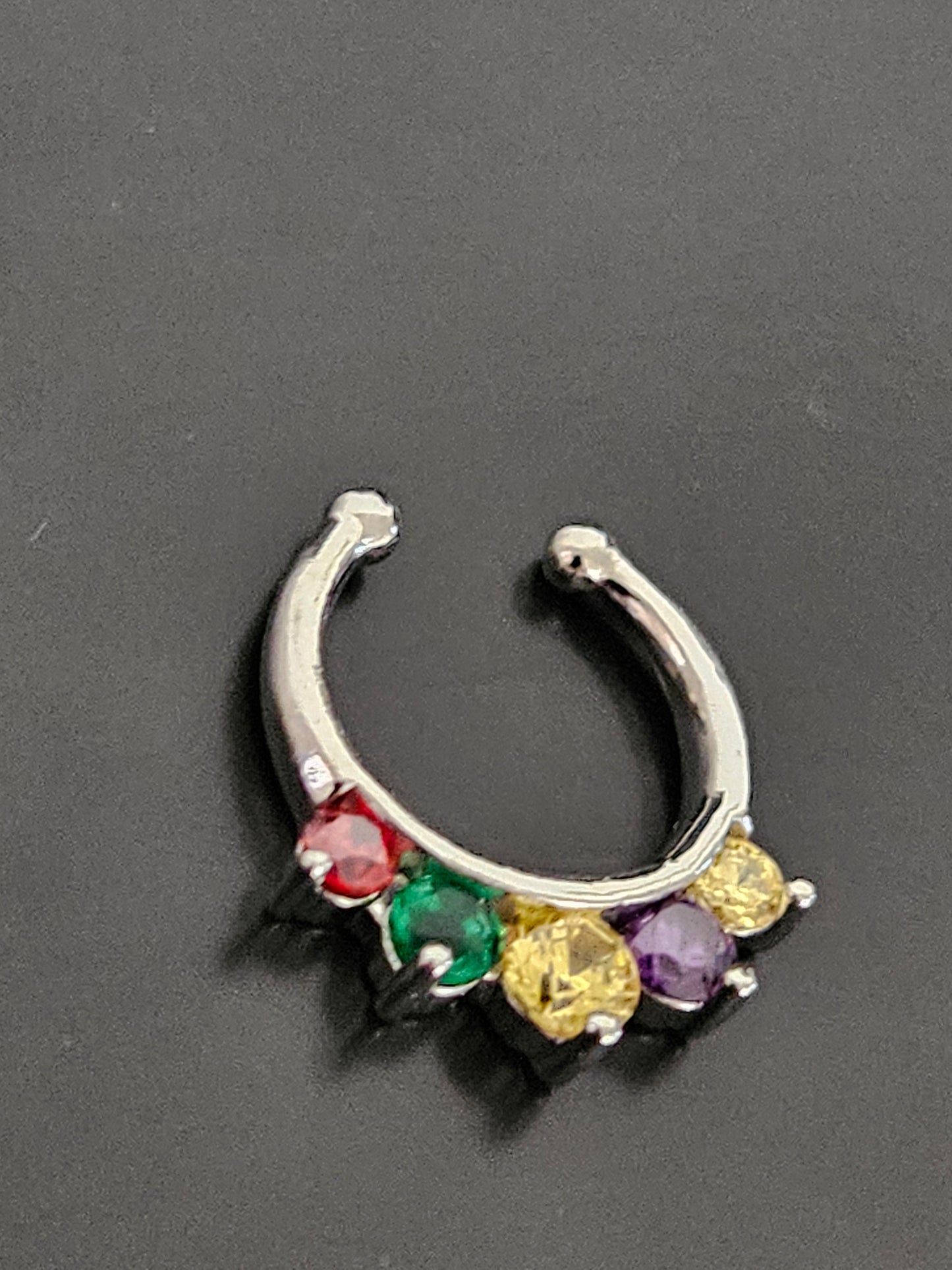 Silver-Tone Rainbow CZ Septum Clicker Ring with 5 Prong-Set Stones
