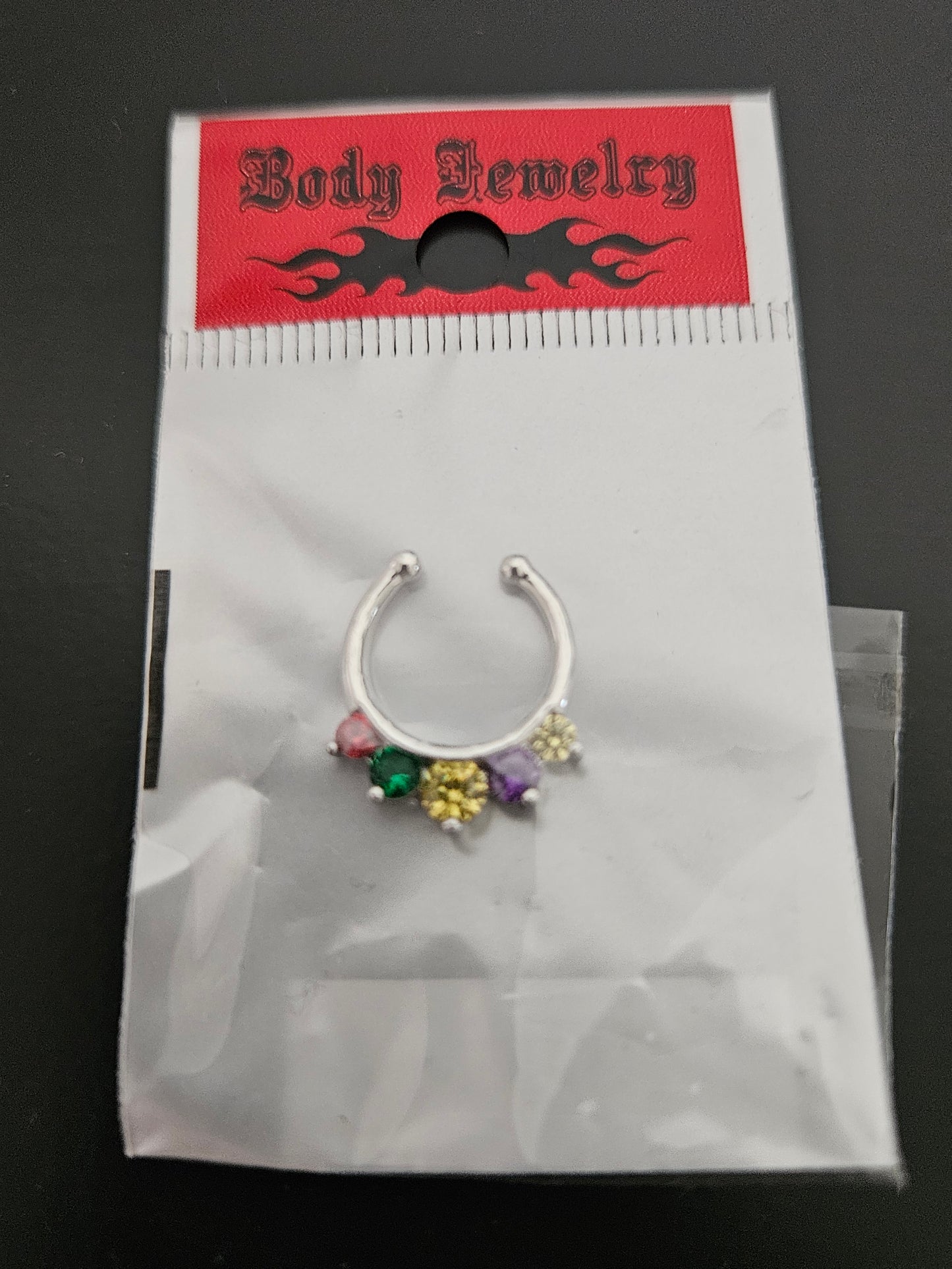 Silver-Tone Rainbow CZ Septum Clicker Ring with 5 Prong-Set Stones