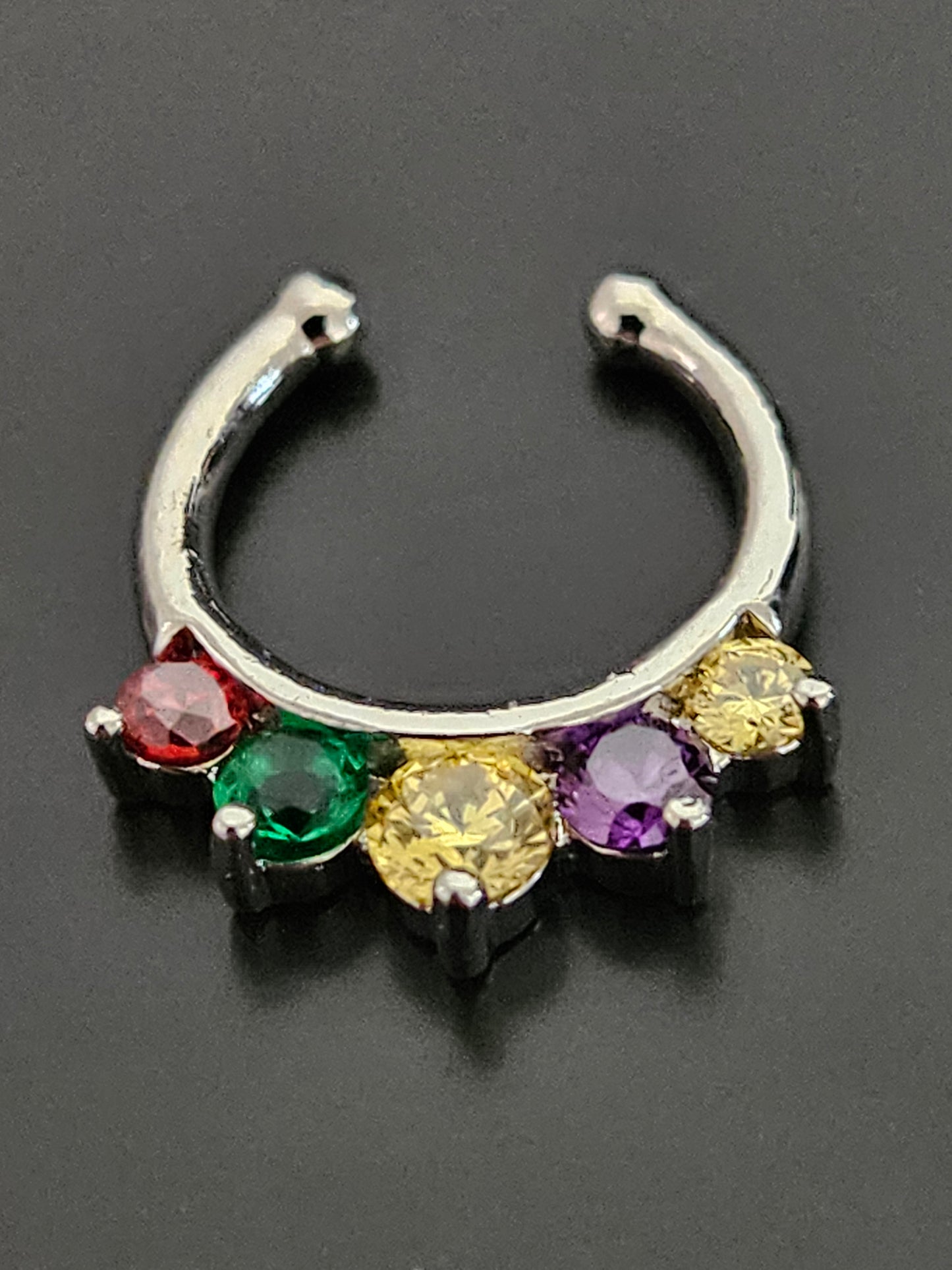 Silver-Tone Rainbow CZ Septum Clicker Ring with 5 Prong-Set Stones