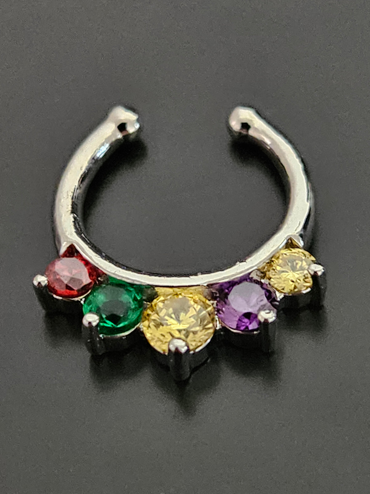 Silver-Tone Rainbow CZ Septum Clicker Ring with 5 Prong-Set Stones
