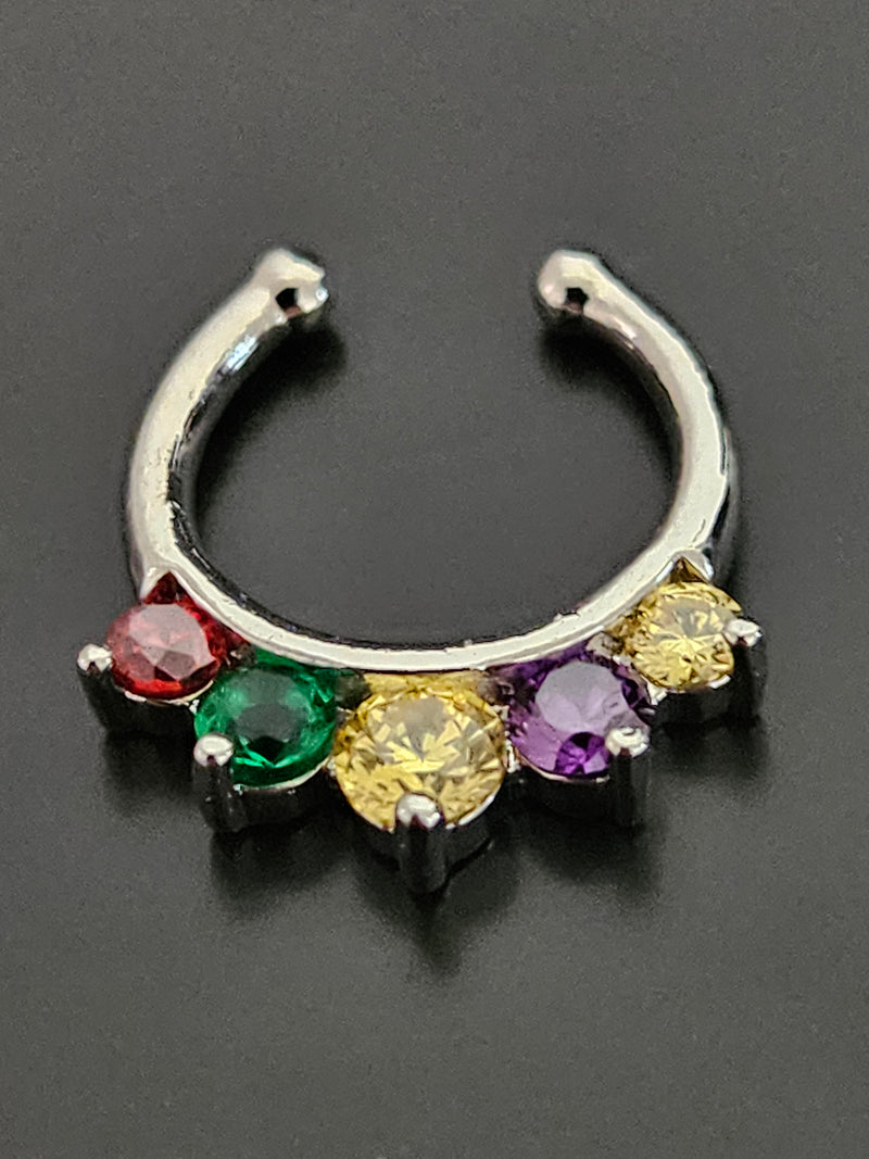 Silver-Tone Rainbow CZ Septum Clicker Ring with 5 Prong-Set Stones-1