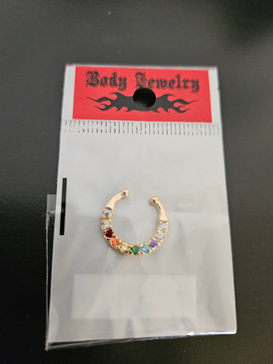 Gold-Plated Rainbow CZ Horseshoe Fake Septum Ring