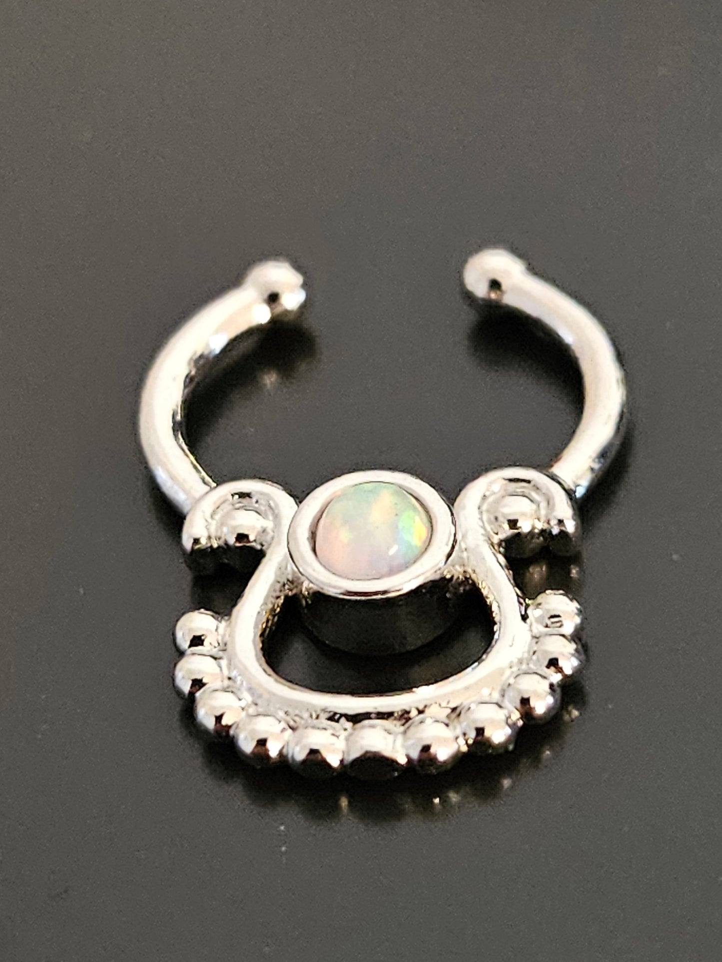 Silver-Tone Synthetic Opal Beaded Dangle Fake Septum Ring