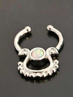 Silver-Tone Synthetic Opal Beaded Dangle Fake Septum Ring-2