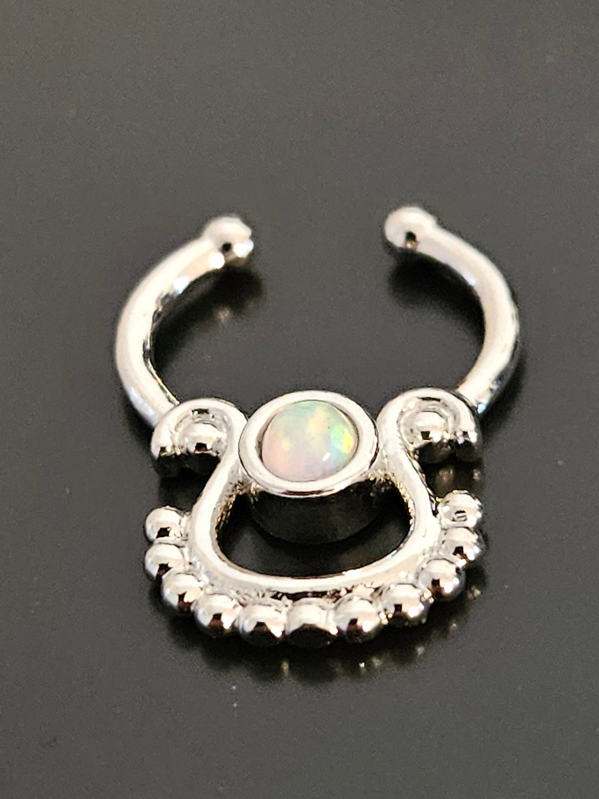 Silver-Tone Synthetic Opal Beaded Dangle Fake Septum Ring-2