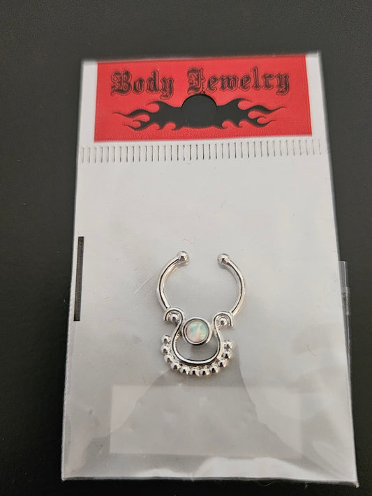 Silver-Tone Synthetic Opal Beaded Dangle Fake Septum Ring