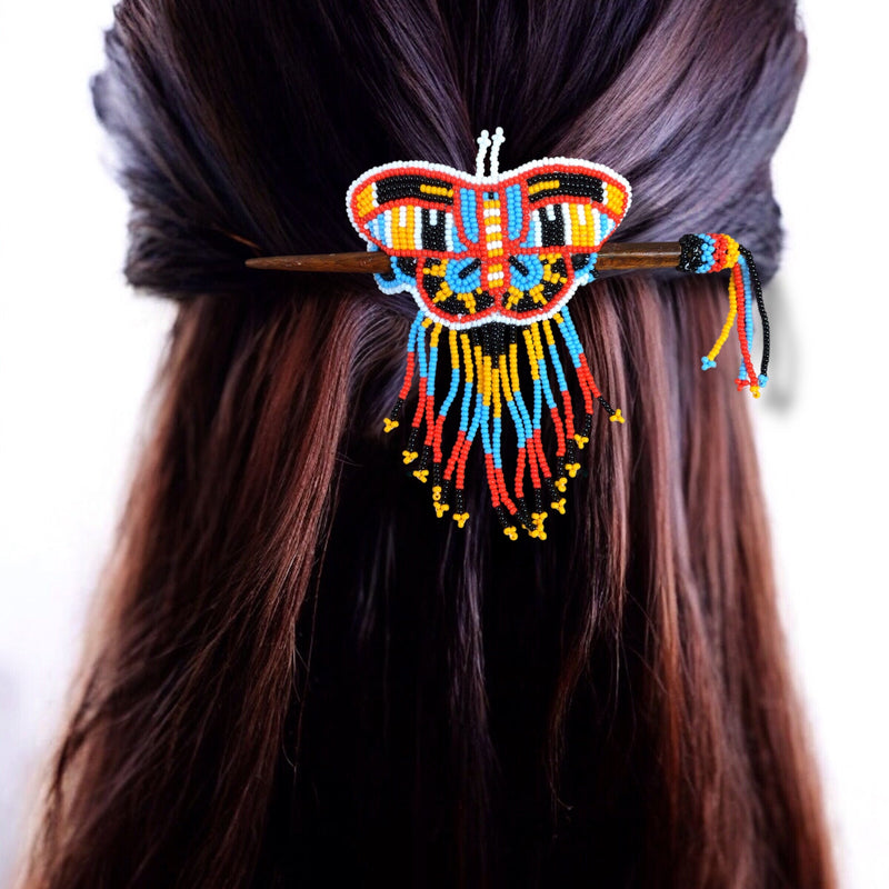 Red and Yellow Wooden Stick Butterfly Beaded Barrette with Fringes-1