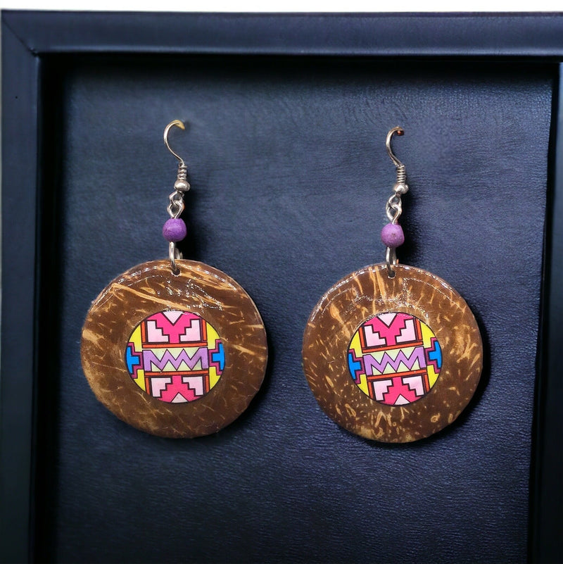 Wood Painted Pink Round Earrings-1