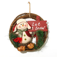 Christmas Wreath with Plush Doll - Rustic Rattan Holiday Door Hanging Decoration-3