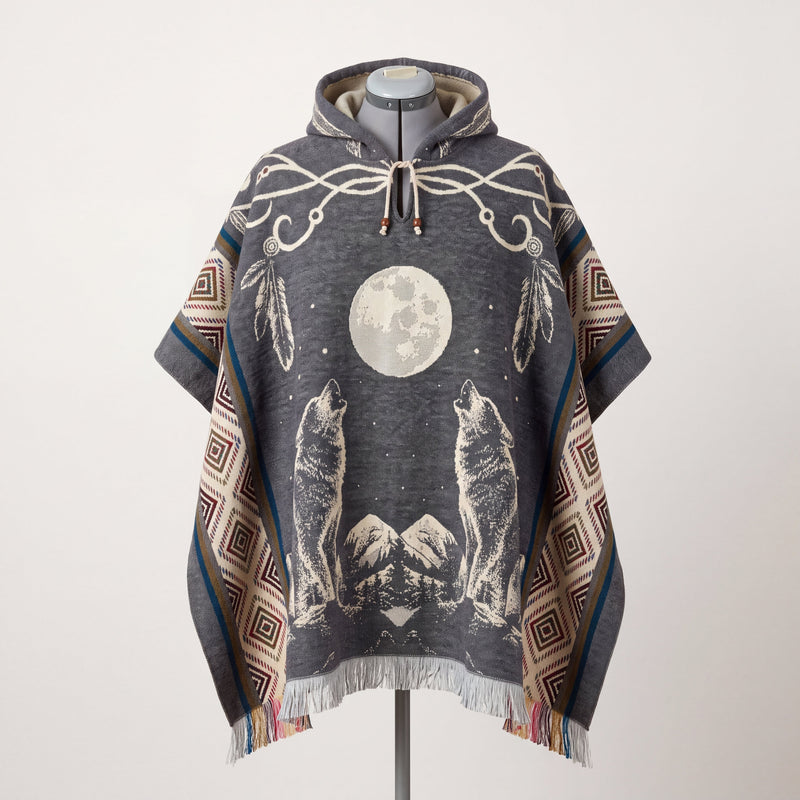 Howling wolf HandMade Wool Poncho-2