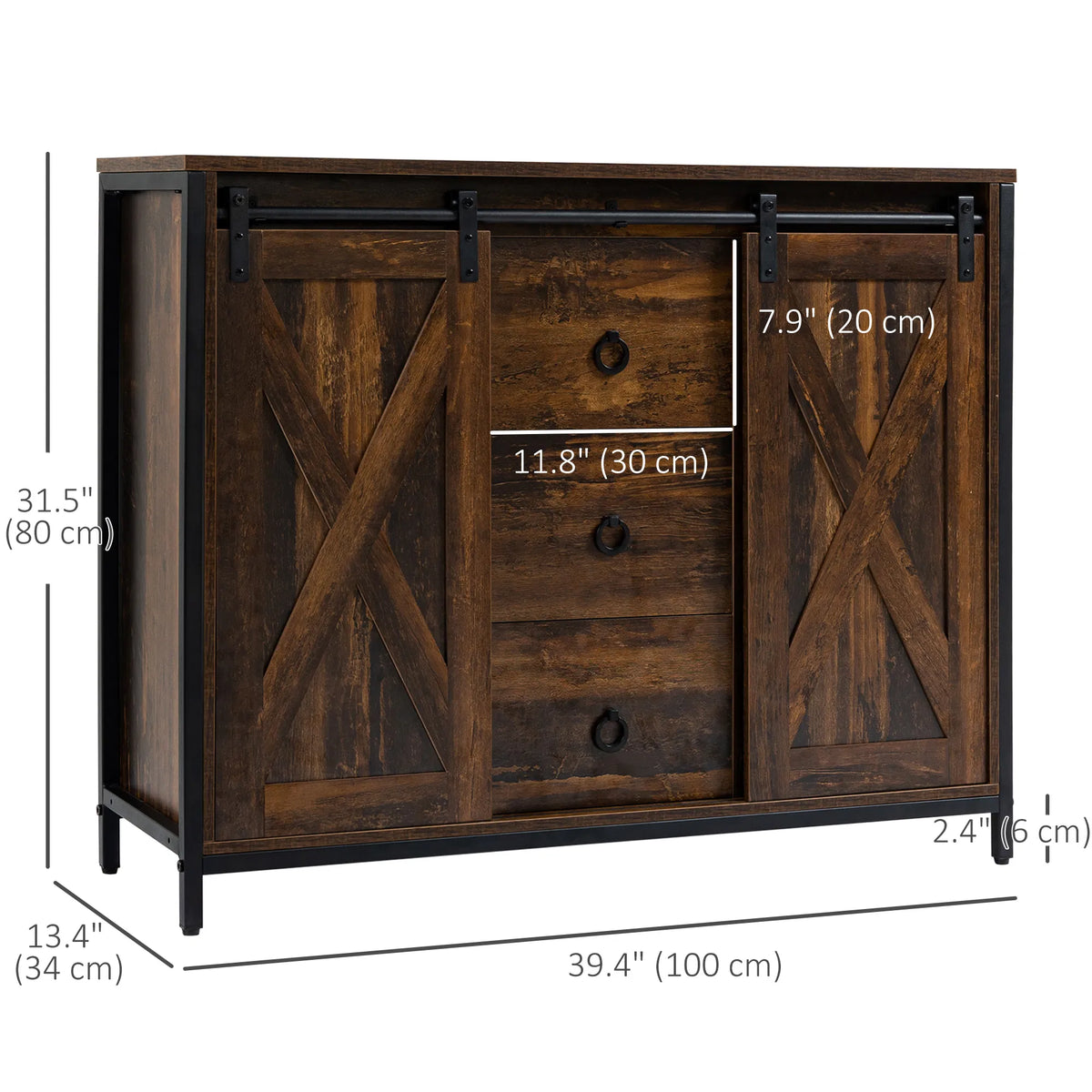 Industrial Rustic Brown Buffet Cabinet – Kitchen Sideboard with Sliding Barn Doors, 3 Drawers & Adjustable Shelves (United States & Canada Delivery Only)-2
