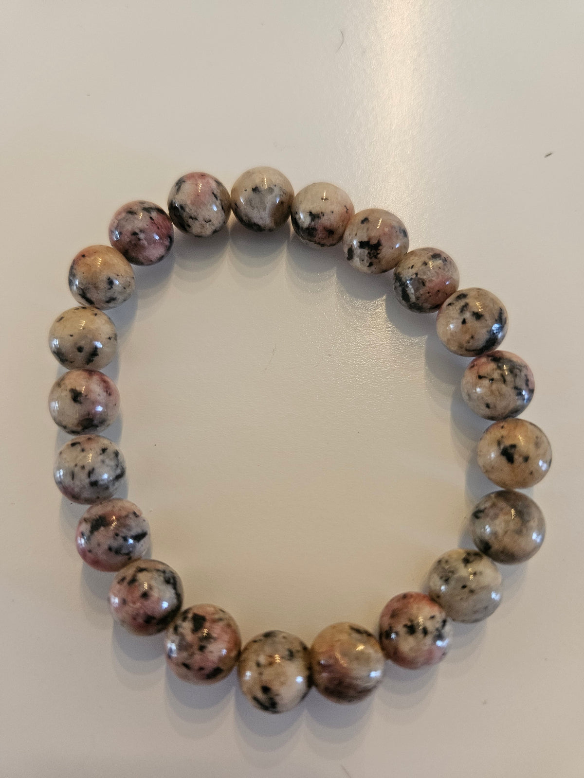 Pink & Beige Speckled Gemstone Beaded Stretch Bracelet-4