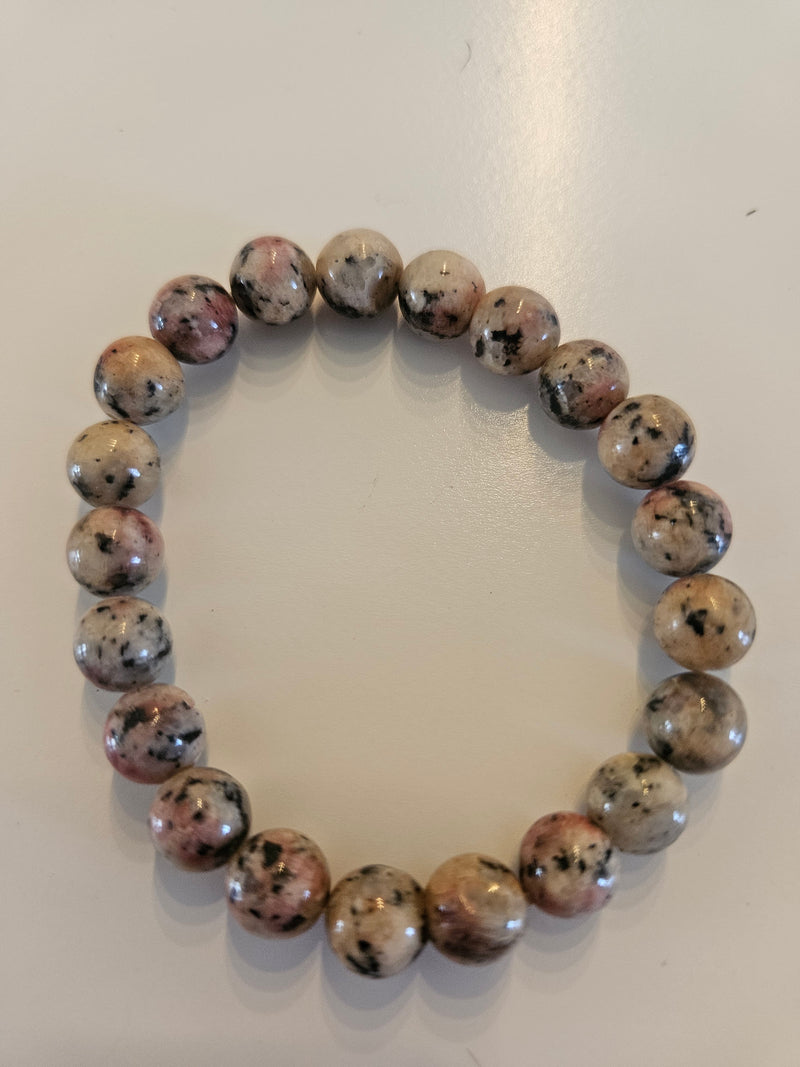 Pink & Beige Speckled Gemstone Beaded Stretch Bracelet-4