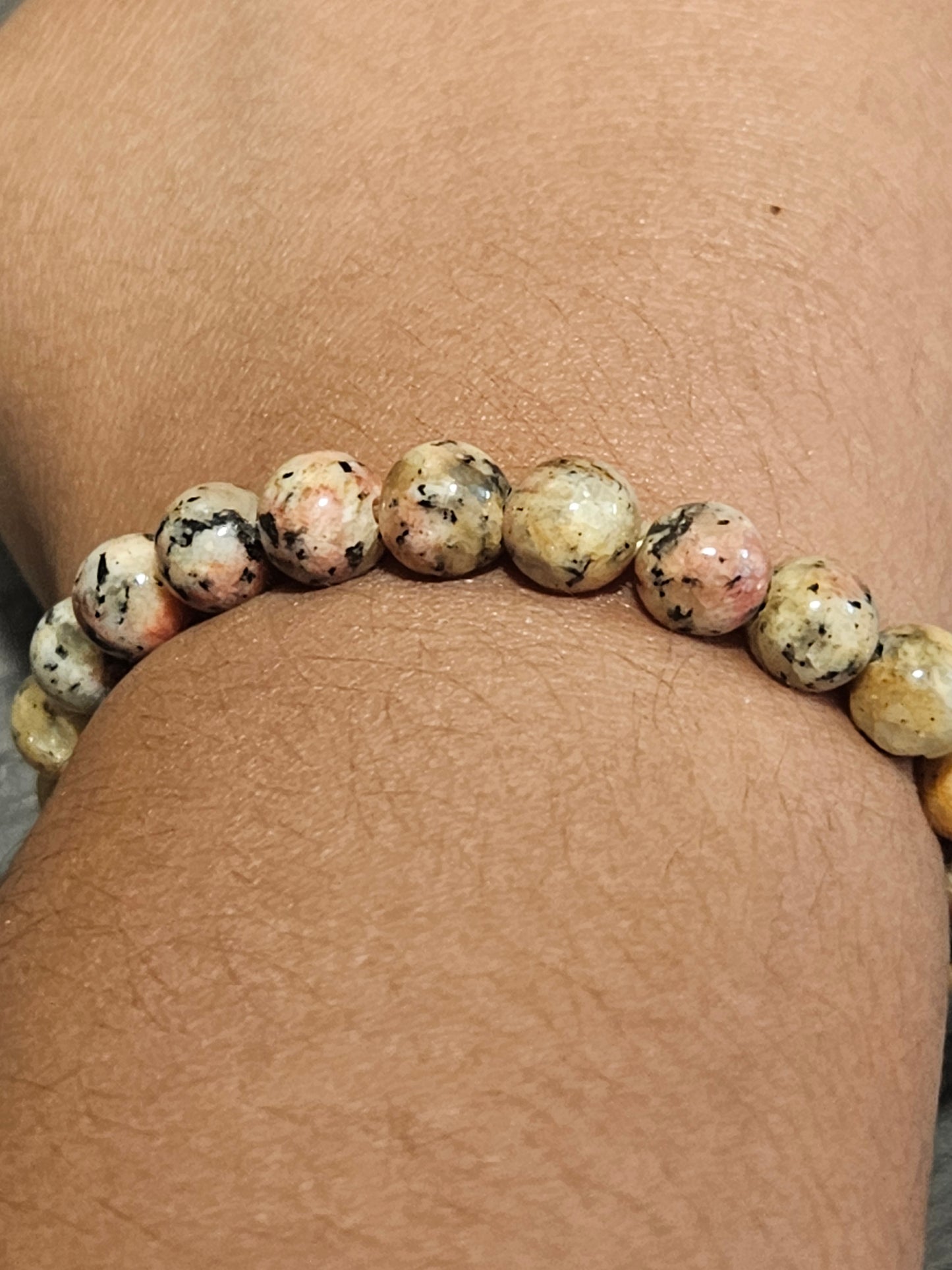 Pink & Beige Speckled Gemstone Beaded Stretch Bracelet