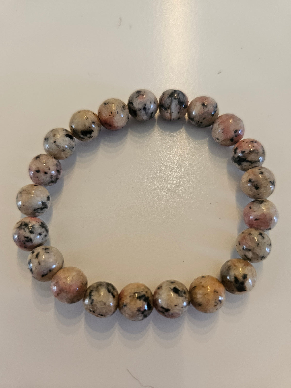 Pink & Beige Speckled Gemstone Beaded Stretch Bracelet-3