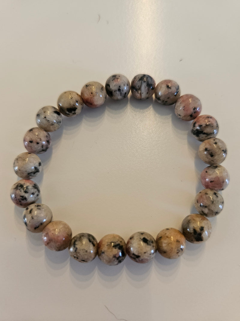 Pink & Beige Speckled Gemstone Beaded Stretch Bracelet-3