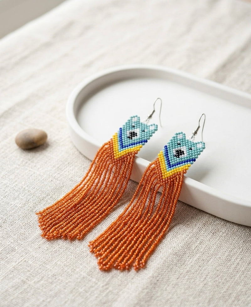 Blue - Orange Native Bear Beaded Earrings-1