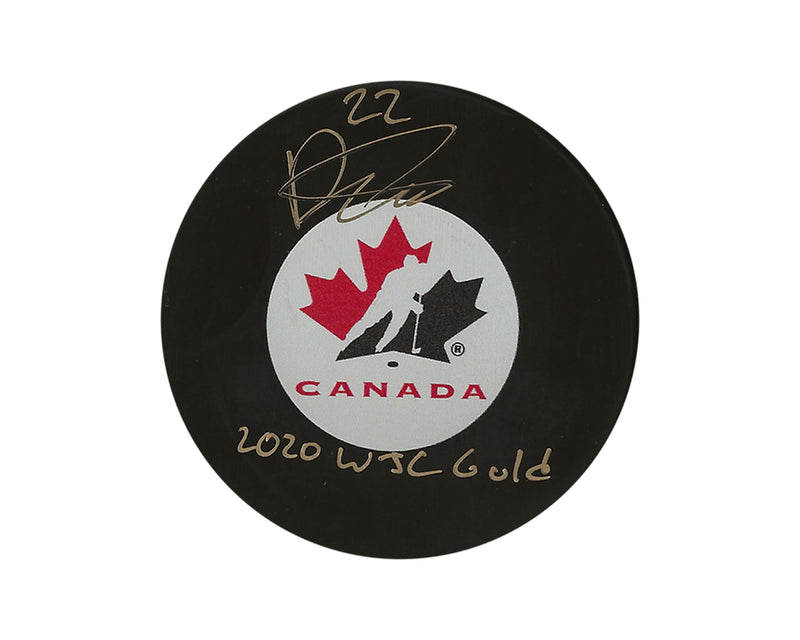 Palet de hockey Dylan Cozens autographié Équipe Canada, modèle autographié, avec l'inscription « 2020 WJC Gold »-1