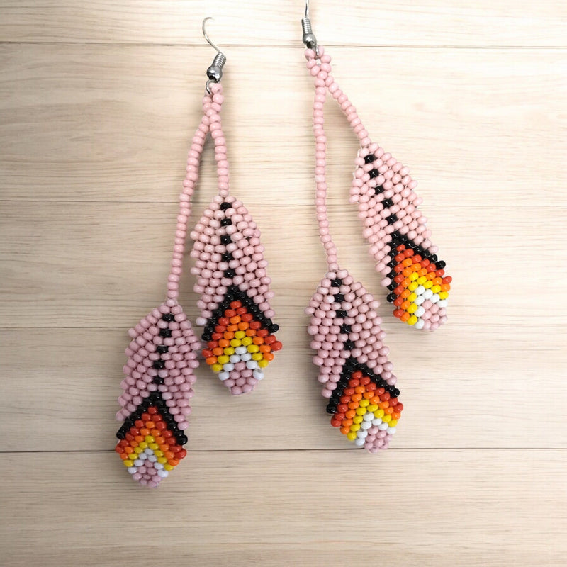 lights pink Beaded Feather Earrings-3