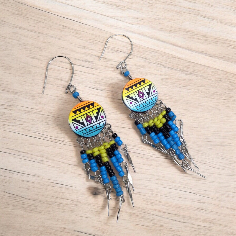 Yellow and Turquoise Southwestern Round Shaped Dangle Earrings-2