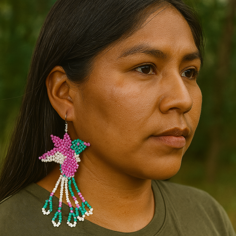Handmade Beaded Hummingbird Earrings – Turquoise & White-1