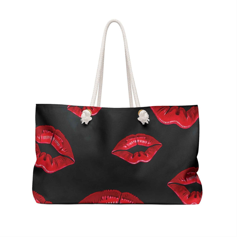 Red Lip Print Weekender Bag | Bold Kiss Pattern, Black Background-6