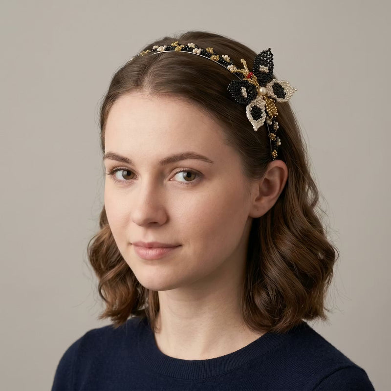 Beaded Headband with Butterfly Blue-1