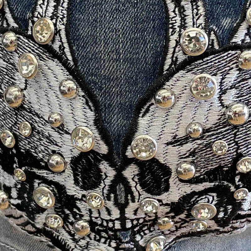 Bus Stop Women's Rhinestone Skull Wing Denim Shorts-3