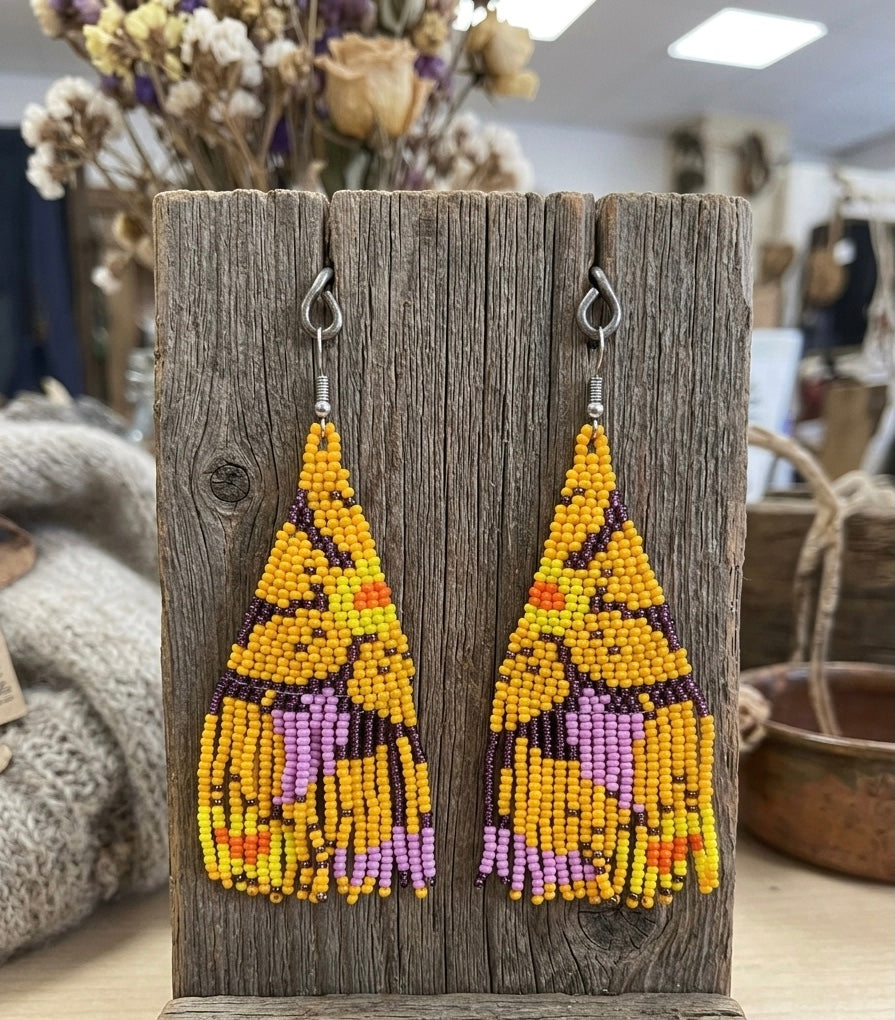 Flower Fringe Beaded Earrings (Mustard)