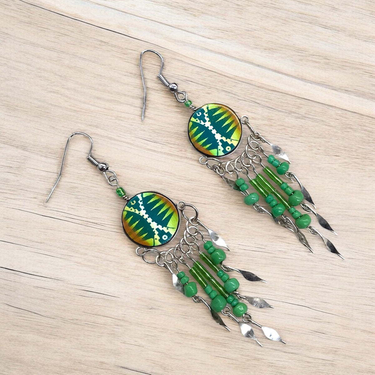 Green and Yellow Southwestern Round Shaped Dangle Earrings-2