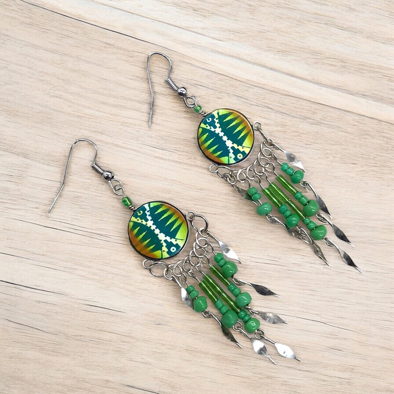 Green and Yellow Southwestern Round Shaped Dangle Earrings-2