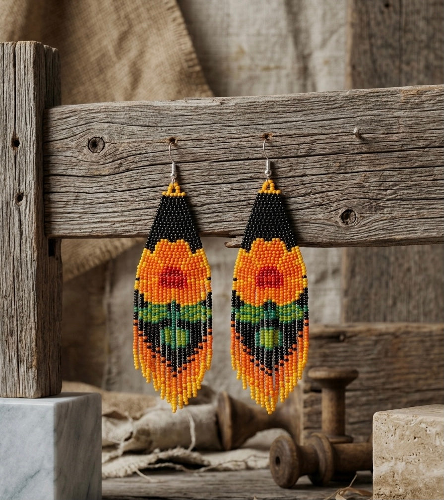 Flower Beaded Earrings ( Orange )-3