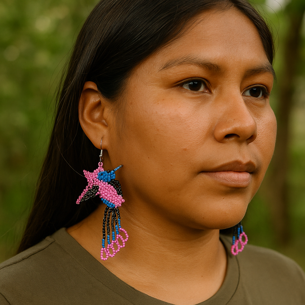 Handmade Beaded Hummingbird Earrings – Pink & Blue-1
