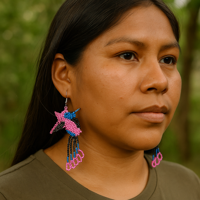 Handmade Beaded Hummingbird Earrings – Pink & Blue-1
