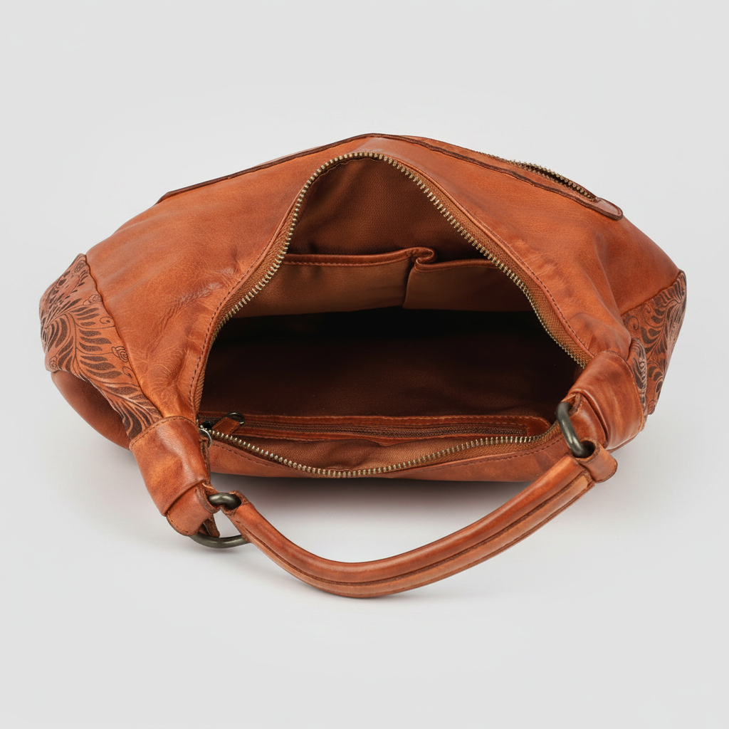 MET Premium Leather Shoulder Bag. Elegant Hobo Bag with Laser-Engraved Floral Leaf Panels-4