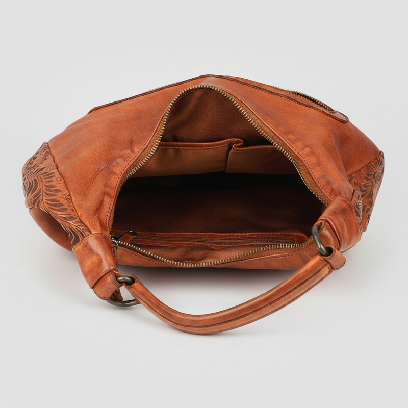 MET Premium Leather Shoulder Bag. Elegant Hobo Bag with Laser-Engraved Floral Leaf Panels-4