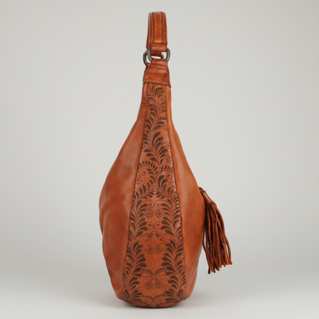 MET Premium Leather Shoulder Bag. Elegant Hobo Bag with Laser-Engraved Floral Leaf Panels-3
