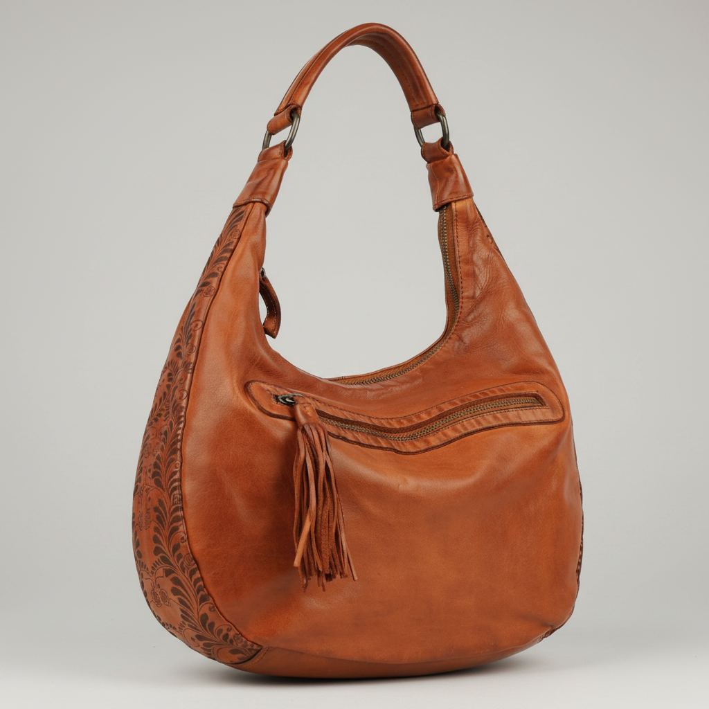 MET Premium Leather Shoulder Bag. Elegant Hobo Bag with Laser-Engraved Floral Leaf Panels-1