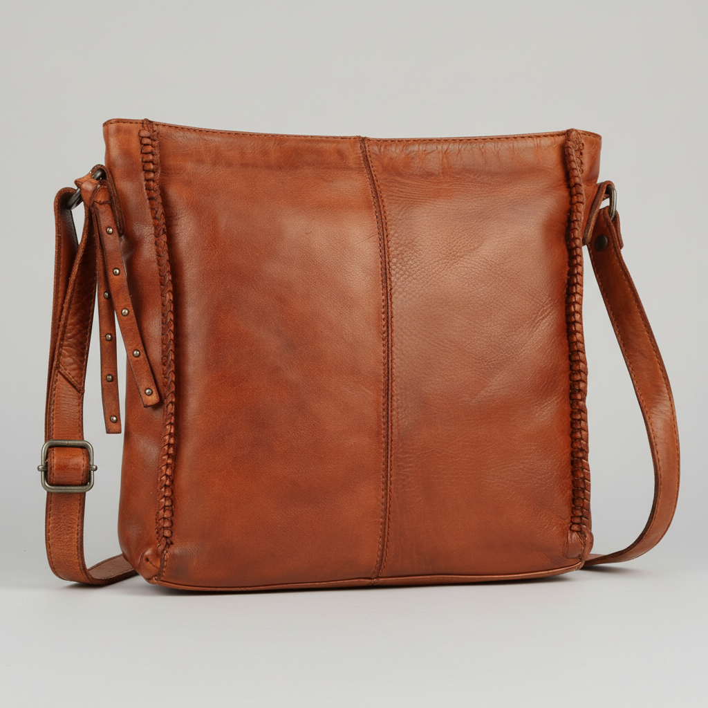 MET Premium Leather Crossbody Bag. Square Messenger with Woven Edge Details-1