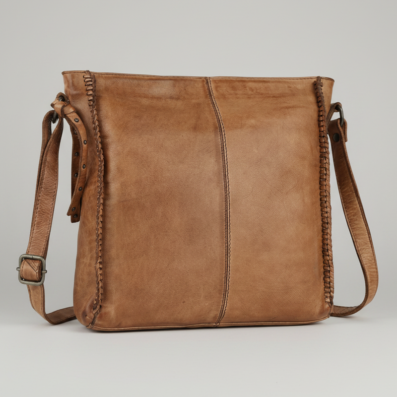 MET Premium Leather Crossbody Bag. Square Messenger with Woven Edge Details-5