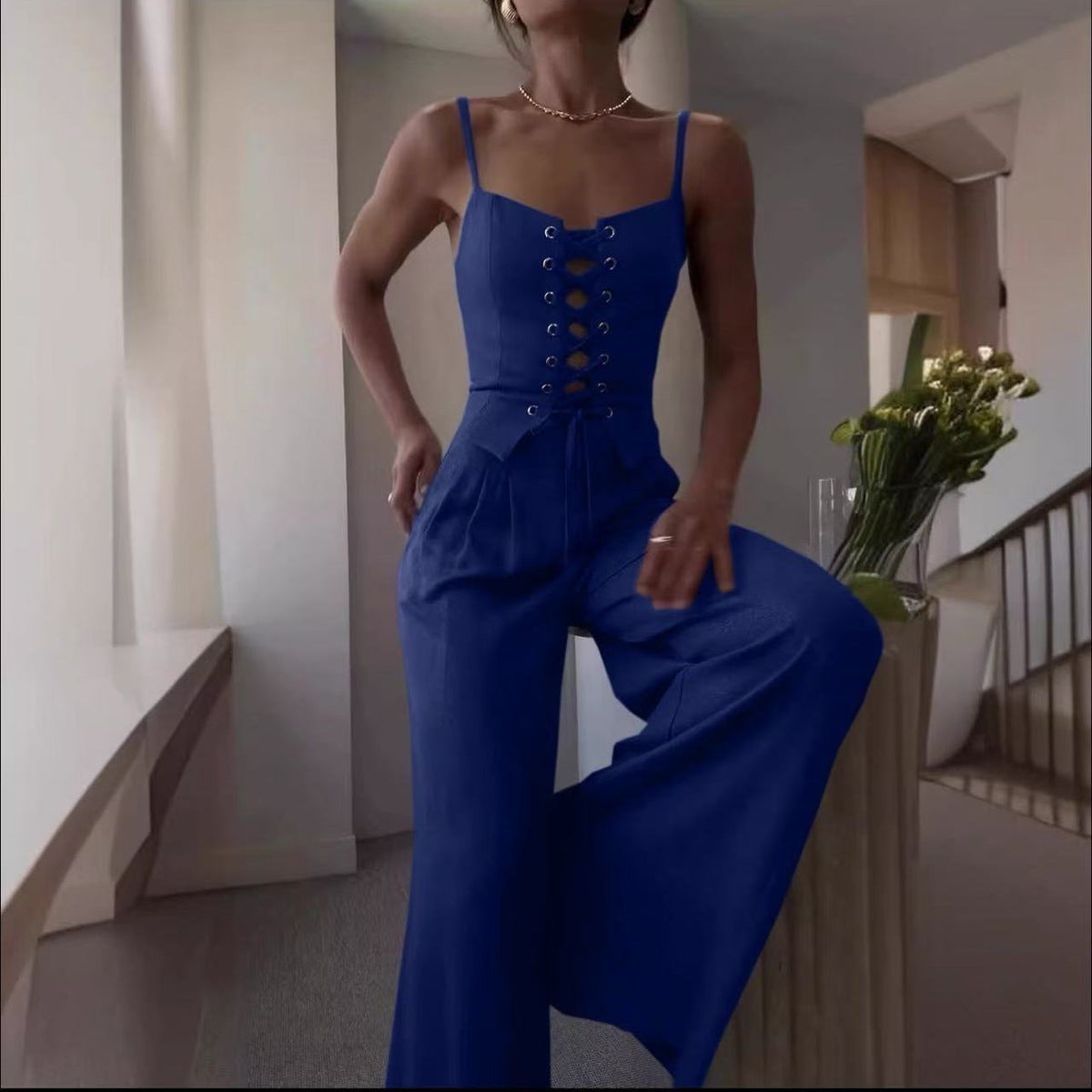 Women’s Sexy Hollow-Out Strap Top & Wide-Leg Pants Set – Casual Summer 2-Piece Outfit-4