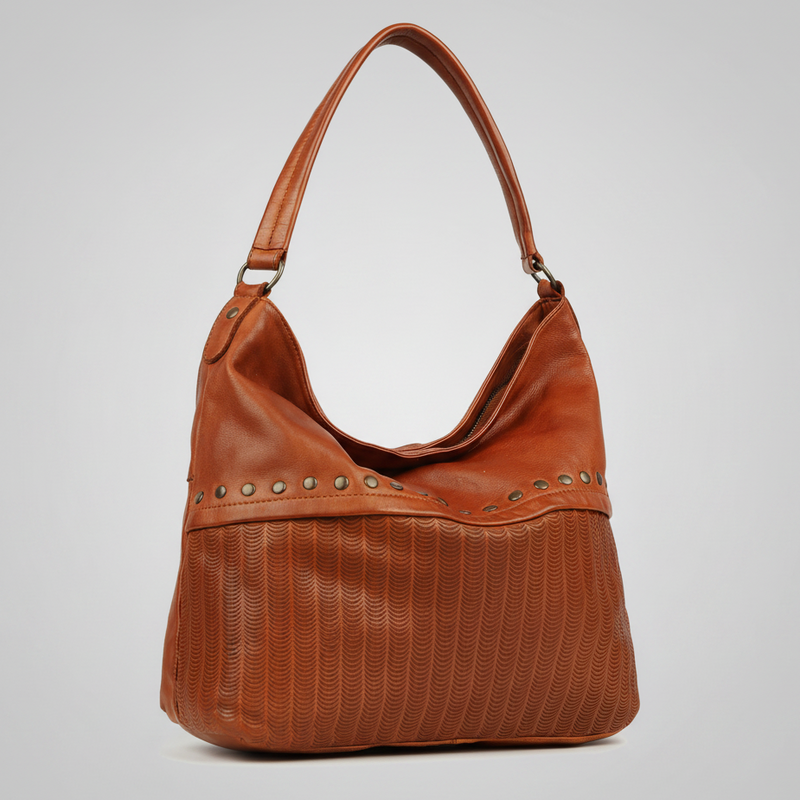 MET Premium Leather Handbag. Studded Hobo Tote with Artisan Scallop Embossing-1